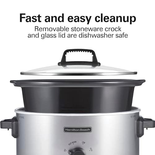 Hamilton Beach 6-Quart Slow Cooker with 3 Cooking Settings, Dishwasher-Safe Stoneware Crock & Glass Lid, Silver (33665G) 6
