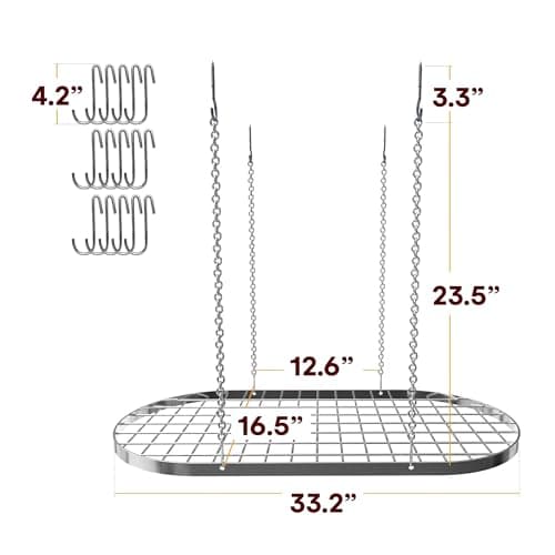 Vdomus Hanging Pot Rack - Ceiling Mount Kitchen Organizer for Pots and Pans with 15 Hooks - 33 x 17 Inches Heavy-Duty, Durable and Space-Saving Pan Holder - Silver 6