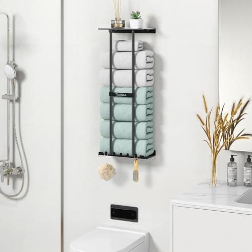 Towel Rack with Shelf with 5 Hooks, Metal Towel Racks for Bathroom Wall Mounted, Wall Towel Storage Holder 30In, Can Holds 6 Large Towels, Bath Towel Rack for Rolled Towels (Black) 7