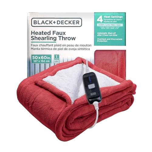 BLACK+DECKER Heated Blanket Electric Throw, Faux Shearling Electric Blanket, Heating Blanket with 4 Heating Levels, 3H Timer, Auto Shutoff, Fast Heating (50x60 inches, Maroon)