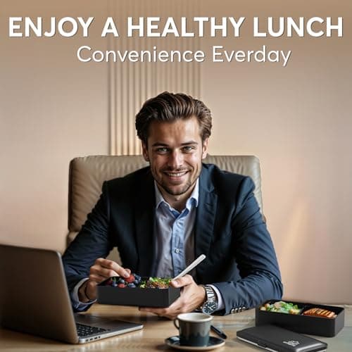 Umami Bento Box Adult All-In-1 w/4 Utensils, 2 Sauce Jar, 2 Dividers, 100% Leakproof, Microwave & Dishwasher Safe, Stackable Bento Lunch Box Containers for Men/Women, Matte Black, 40 oz 6