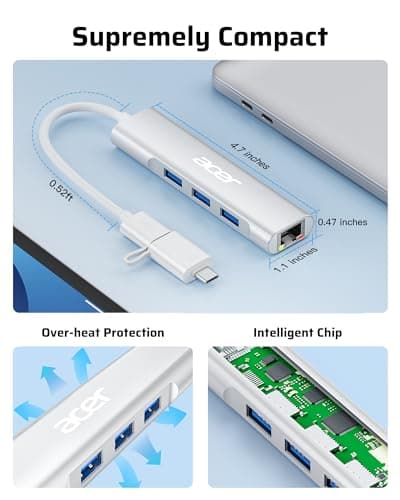 Acer USB C to Ethernet Adapter, 4-in-1 USB-A/C Hub with 3 USB-A 3.1 & 1Gbps RJ45 Networks, USB-C to LAN Adapter for MacBook Pro Air, Surface, Chromebook, Acer, Laptop, and More 6