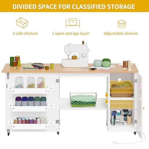 DWVO Large Folding Sewing Table with Charging Station, Multipurpose Craft Table with Compact Design, Sewing Cabinet with Lockable Casters, Storage Shelves, Magnetic Doors, White 5