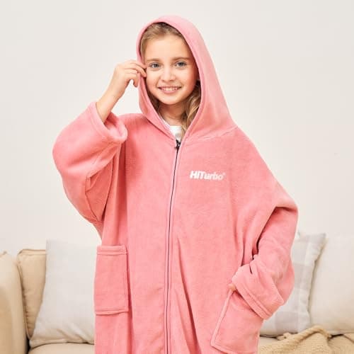 Hiturbo Kids Bath Towel Hoodie: Soft Plush Zipper Surf Poncho - Warm Fleece Changing Towels Swimming Outerwear (Pink) 6