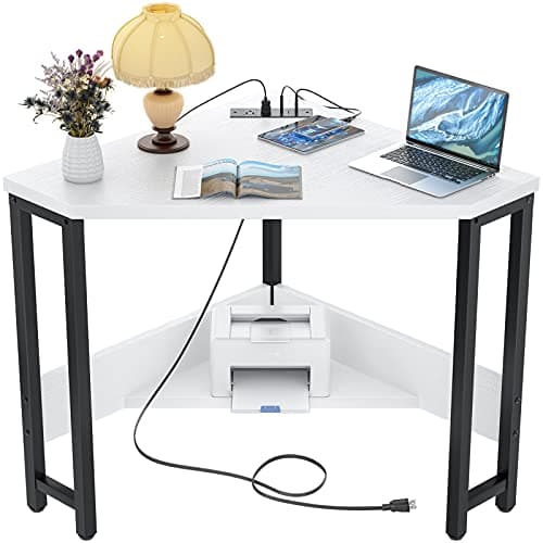 Armocity Corner Desk Small Desk with Outlets Corner Table for Small Space, Computer Desk with USB Ports Triangle Desk with Storage for Home Office, Workstation, Living Room, Bedroom, White