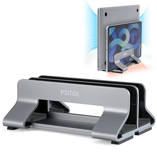Psitek Aluminum Dual Vertical Laptop Stand Dock Holder, Supports 2 Devices, Adjustable Slot Width 15-36mm, Space-Saving Upright Storage for MacBook and Laptops