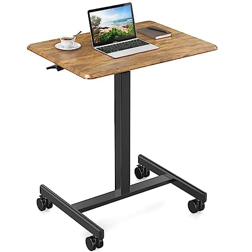 DUMOS Small Standing Desk Mobile Portable Rolling Laptop PC Table on Wheels Adjustable Height Computer Workstation for Home Office, 19 Inch, Brown 7