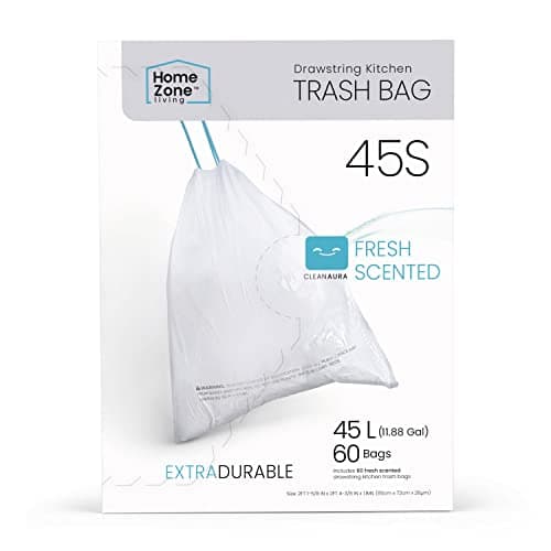 Home Zone Living 12 Gallon Kitchen Trash Bags with Drawstring Handles, Heavy Duty Custom Fit Design for Standard 45 to 50 Liter Kitchen Trash Cans, Code 45S, 60-Count