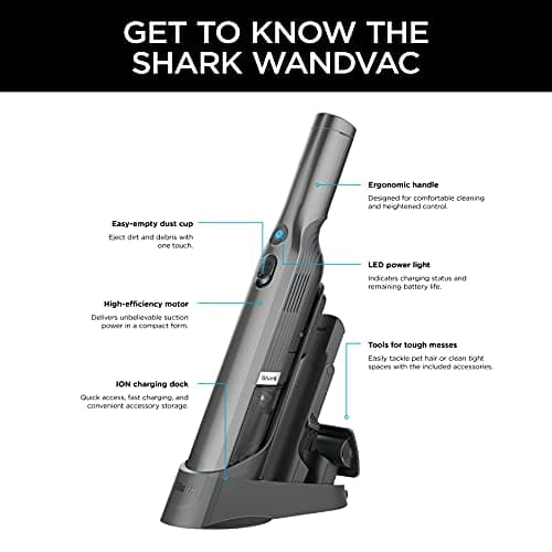 Shark WV201 WANDVAC Handheld Vacuum, Lightweight at 1.4 Pounds with Powerful Suction, Charging Dock, Single Touch Empty and Detachable Dust Cup,Graphite, Slate 12