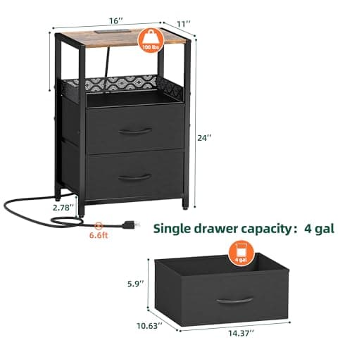 vimiroo Nightstands Set of 2, End Table with Charging Station, Side Tables Bedroom with 4 Fabric Drawers, 3-Tier Bedside Table with Storage Shelf for Living Room, Office, Bedroom (Black) 3