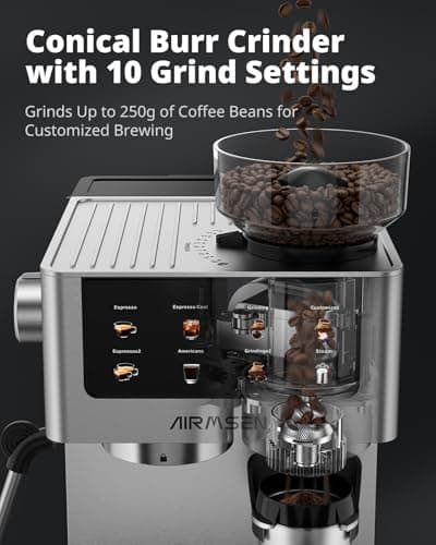 AIRMSEN Espresso Machines with Burr Grinder, 20 Bar, Milk Frother Steam Wand, Stainless Steel Coffee Maker for Home - Cappuccino Latte & ​​Cold Brew​​ Iced Coffee Maker & Americano 3
