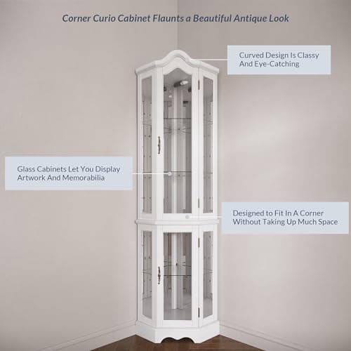 BELLEZE Lighted 3-Side Glass Display Curio Cabinet w/ Tempered Glass Doors and Shelves, Curved Wood Corner Cabinet with Bulb, Corner Storage Rack (White) 5