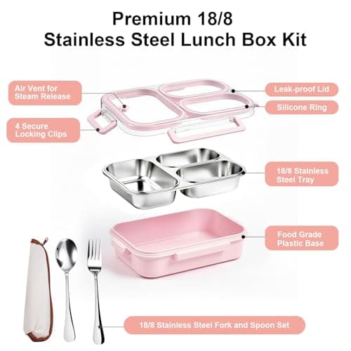 VACAID 25oz Stainless Steel Lunch Kit (Bento Box + Fork/Spoon) - 3 Leakproof Compartments - Food-Grade 18/8 Steel for Kids & Adults - School/Office/Travel Ready - Dishwasher Safe (Pink) 6