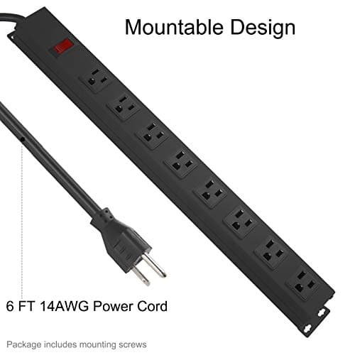 HHSOET Metal 8 Outlet Mountable Power Strip, Wall Mount Outlet Heavy Duty, Wide Spaced Commercial Shop Power Strip with Switch, 15A 125V 1875W, 6 FT SJT 14AWG Power Cord.(Black) 5