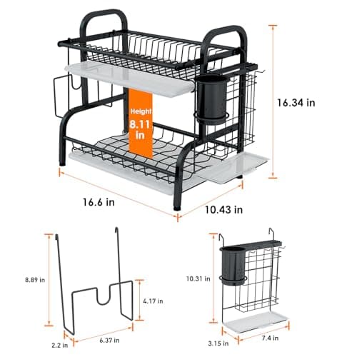 LEGUANG 2-Tier Stainless Steel Dish Drying Rack, Space-Saving Kitchen Organizer for in/Over Sink/Counter, with Removable Drain Tray & Cutlery Holder & Utensil Holder, Black 5
