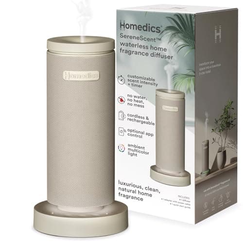 Homedics SereneScent Mini Fabric Rechargeable Waterless Diffuser, Cordless Aromatherapy Device, Use with SereneScent Oil 15ml (Sold Separately), Adjustable Mist Intensity & Ambient Light, Beige