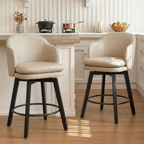 Counter Height Barstools 26 inch Upholstered Swivel Bar Stools with Back and Wood Legs for Kitchen Island,Set of 2,Beige PU Leather