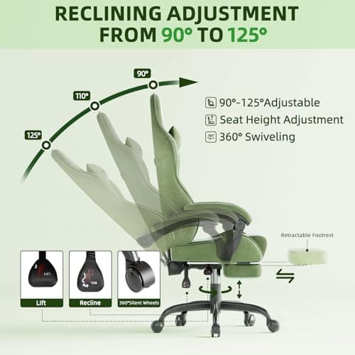 Ferghana Velvet Fabric Gaming Chair, High Back Ergonomic Gamer Chair for Adult, Comfortable Video Game Chair with Footrest and Massage Lumbar Cushion, Racing Reclining Office Computer Desk Chair Green 9