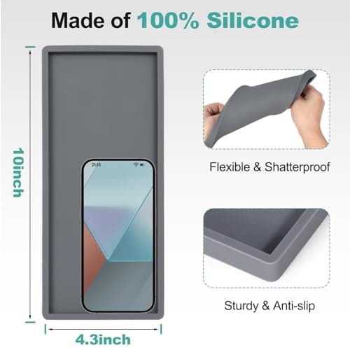 Wikapy 2PCS Bathroom Vanity Tray, 10'' Silicone Counter Tray, Flexible Shatterproof Kitchen Sink for Soap Dispenser, Rectangle Countertop Valet for Key, Perfume, Ring (Grey & White) 6