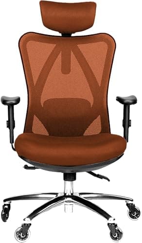 Duramont Ergonomic Office Chair - Adjustable Desk Chair with Lumbar Support and Rollerblade Wheels - High Back Chairs with Breathable Mesh - Thick Seat Cushion, Head, and Arm Rests - Brown