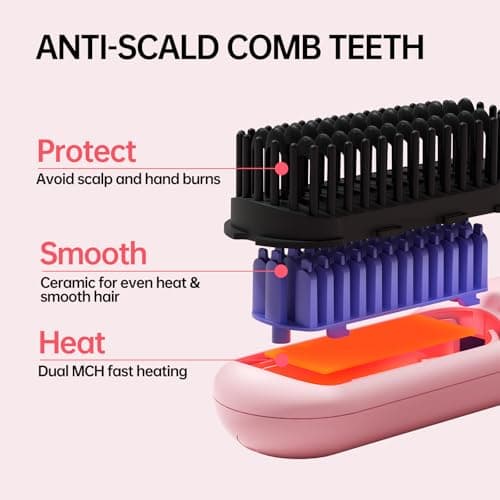 Cordless Hair Straightener Brush - Portable Straightener Brush with 9 Temp Settings, Mini Straightening Comb for Travel, 9600mAh Rechargeable Batt & 224 Million Negative Ions (Pink) 5