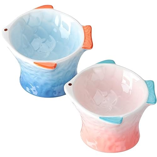 Tioncy 2 Pcs Raised Tilted Ceramic Cat Food Bowl Fish Shape Cute Elevated Slanted Shallow Angled Cat Dish Non Slip Feeder Bowl for Anti-Vomiting and Whisker Fatigue(Blue, Pink)
