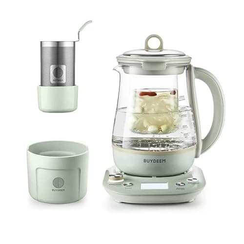 BUYDEEM Health Pot K2763 Lite, Glass Electric Kettle for Tea & Coffee, Hot Water Boiler and Wamer with Stew Pot, Temperature Control, Green, 1.5L