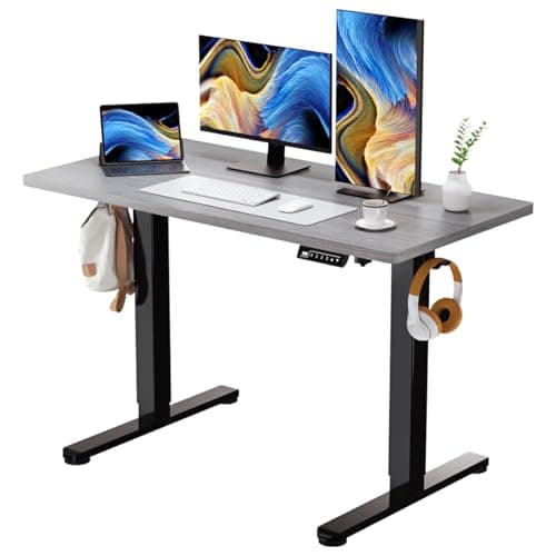 JYLH JOYSEEKER Grey Standing Desk, 48 X 24 Inch Adjustable Height Electric Table, Sit Stand Desk with 2 Hooks, Ergonomic Rising Workstation with Splice Board