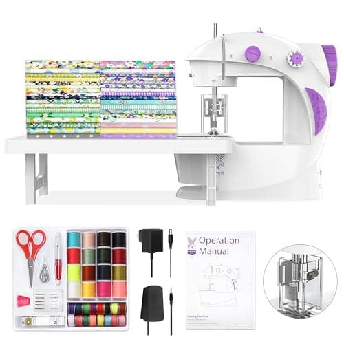 KPCB Tech Sewing Machine for Beginners [Full Set] with Finger Guard and Fabric Bundles - Mini Sewing Machine with Sewing Kits, Foot Pedal, US Adapter and Extension Table