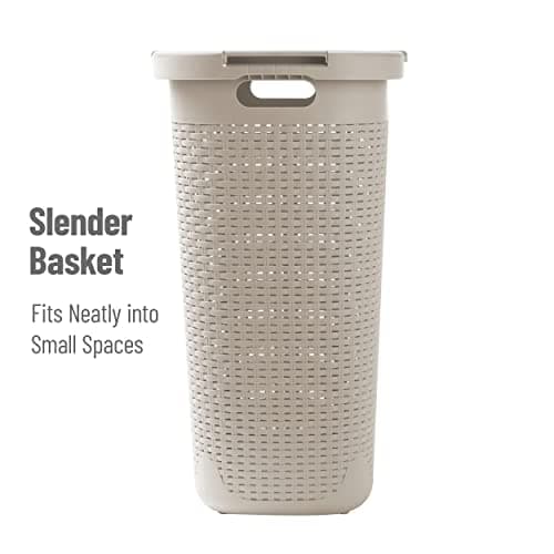 Mind Reader Slim Laundry Hamper with Lid, 60L Tall Clothes Basket, Narrow Tapered Design for Bathrooms, Closets and Laundry Rooms, Plastic, Ivory 6