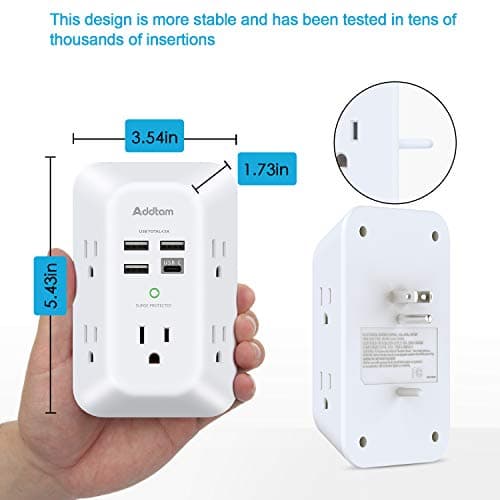 Addtam USB Wall Charger Surge Protector 5 Outlet Extender with 4 USB Charging Ports (1 USB C Outlet) 3 Sided 1800J Power Strip Multi Plug Outlets Wall Adapter Spaced for Home Travel Office ETL Listed 6