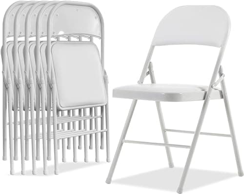Simpli-Magic 6 Pack White Padded Folding Chairs with Cushion – Durable Metal Foldable Chairs for for Indoor Outdoor Weddings, Parties, Backyard & Office Events
