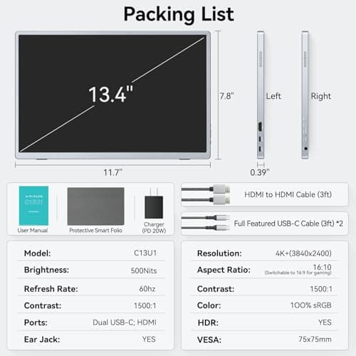 CASKING Portable Monitor 4K+ 13.4'' IGZO 4K+ Portable Travel Monitor (3840x2400),500 Nits,1500:1,FreeSync,HDR and Dual-Speaker with USB-C and Standard HDMI for Mac/Laptop/PC/Xbox/Switch/PS5 6