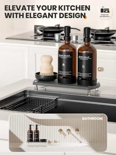 [Luxury] Kitchen Soap Dispenser Set - 16OZ Amber Glass Bottle, Stainless Steel Pump, Instant Dry Tray, Waterproof Labels, Non-Slip Silicone Pad, and Dish Brush | Upgrade for Your Kitchen and Bathroom 5