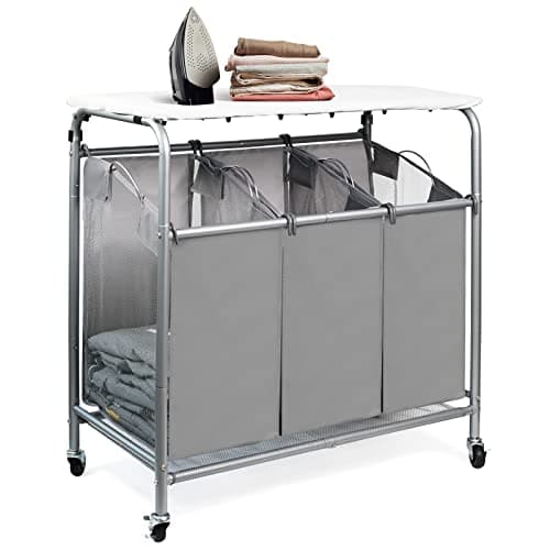 3 Bags Laundry Sorter Cart, Heavy Duty Rolling Laundry Hamper Sorter with Ironing Board(Grey)