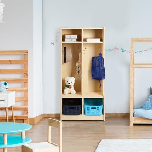 Geelin 2-Section Coat Locker with Cubbies - 48" Wood Daycare Locker Cubbies with Bench Classroom Storage Organizer Furniture for Backpack, Clothing, Shoewear 7