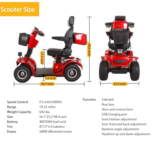 CreekT Heavy Duty 4 Wheel Mobility Scooters for Adults 400lbs Capacity Electric Scooter All Terrain Mobility Scooter Handicap Scooters 4 Wheel for Adults Powered Mobility Scooters for Seniors (Red) 7