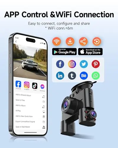 360° Dash Cam Front and Rear Inside, 4 Channel Dash Camera for Cars FHD 1080Px4, Built-in Wi-Fi, 3.16” IPS Screen, WDR Night Vision, Voice Control, Included 64GB Card, 24H Parking Mode 8