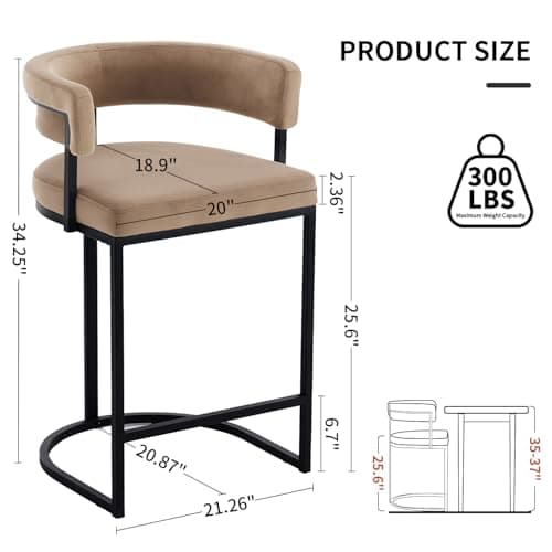 Rongbuk Set of 2 Brown Modern Velvet Bar Stools with Barrel Backrest, Upholstered Seat, and Black Metal Footrest – 25.6-Inch Seat Height, Ideal for Counters, Home Bars, and Kitchen Islands 2