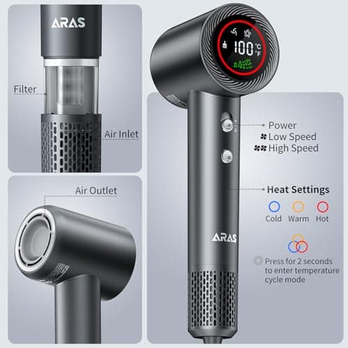 Hair Dryer, Negative Ionic Blow Dryer with 160, 000 RPM Professional High-Speed Blow Dryer, Brushless Motor for Fast Drying, Low Noise Thermo-Control Hairdryer with Magnetic Nozzle 5