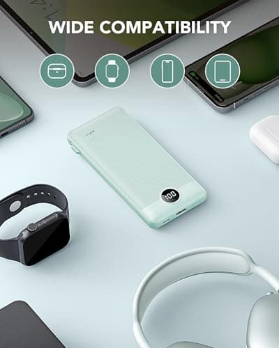 VRURC Portable Charger Built-in Cables and AC Wall Plug, USB C Power Bank 10000mAh, Travel Battery Portable Phone Charger Compact Lightweight External Battery Pack for Smart Phones, Tablets etc-Green 7