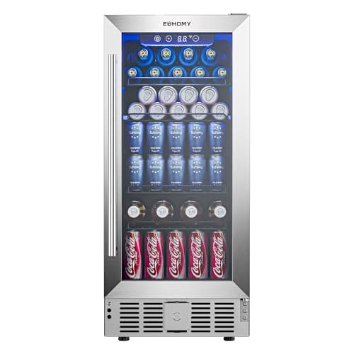 EUHOMY 15" Beverage Refrigerator Cooler Under Counter 125 Cans Built-in Beverage Fridge with Glass Door, LED Light, Beer Fridge for Soda, Water, Wine - Home Kitchen Bar.