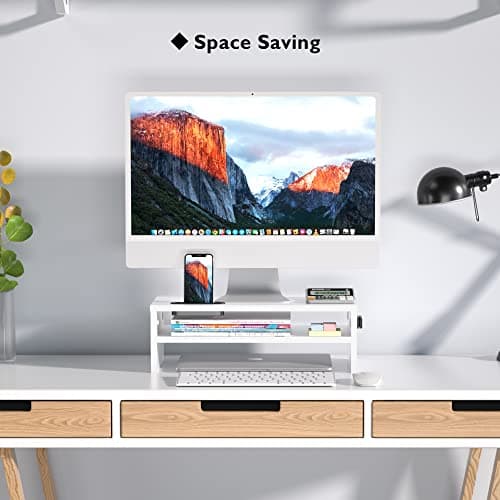 BONTEC Wooden Monitor Stand Riser, 2-Tier Desk Shelf with Storage Organizer, Ergonomic Computer Stand with Cable Management, Cellphone Holder, White, 16.5 Inch 7