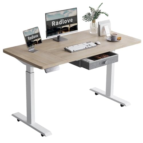 Radlove Dual Motors Height Adjustable 55 x 30'' Electric Standing Desk with Drawer 4 Memory Keys, Fast Charging Port, 265LBs Load Capacity with Splice Board Home Office Desk, Oak Top + White Frame