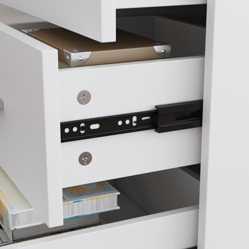 MOUMON L Shaped Standing Desk with Drawers and Shelves, Executive Adjustable Height Desk, L-Shaped Design, 63 inch Tabletop, for Office Oak and White (63”W x 63”D x 28.9-45.3”H) 8