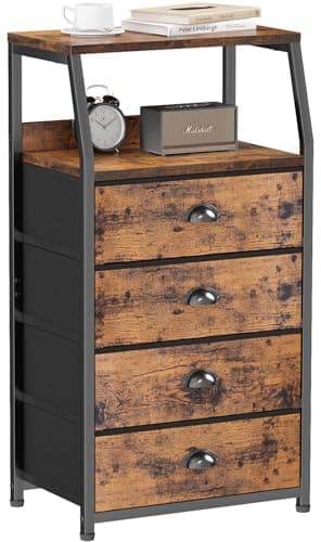Furnulem Night Stand, Tall 4 Drawers Dresser for Bedroom, Hallway, Nursery, Closet Organizer, Nightstand Bedside Table Furniture, Vertical Storage Tower Fabric, Sturdy Steel Frame, Wood Top