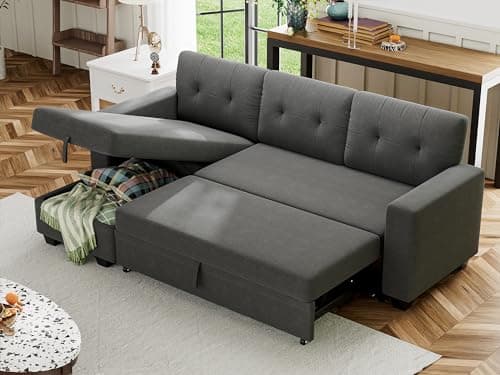 Shahoo Sofa Bed Reversible Convertible Sleeper Pull Out Couches with Storage Chaise, Linen Fabric Furniture for Living Room, Apartment, Gray