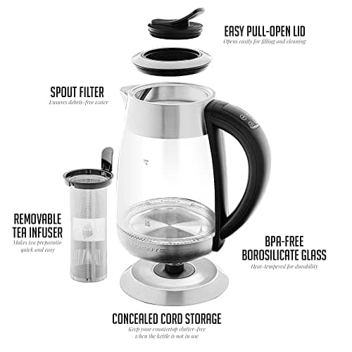 OVENTE Electric Glass Kettle Water Boiler 1.8 Liter BPA Free - 1500W w/Stainless Steel Infuser, Set Temperature Control, Auto Shut Off, Portable Fast Instant Heater for Coffee & Tea - KG661S 7