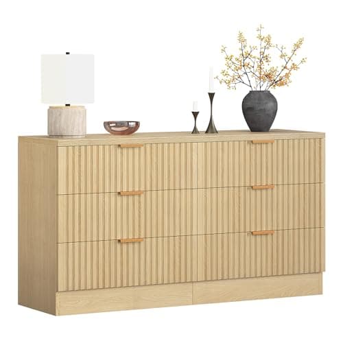 DWVO Fluted 6 Drawer Dressers, 47.5" Wide Modern Chest of Drawers, Wooden Dresser with Metal Handle, Versatile TV Stand Cabinet Table for Bedroom, Closet, Living Room, Hallway, Natural 7