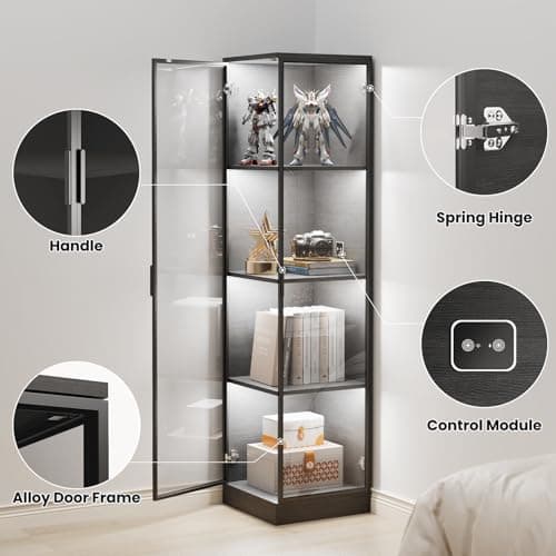 BROTTAR Corner Display Cabinet with Doors, 4-Tier Curio Cabinet for Collectibles, Display Case with 3 Color Light, Storage Cabinets with Door, Bookcase with Human Body Sensor, Black (15.7" W) 5